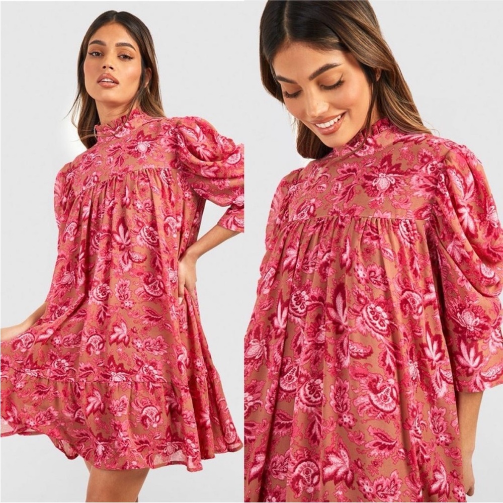 Boohoo Pink Floral High-Neck Babydoll Dress Size 10